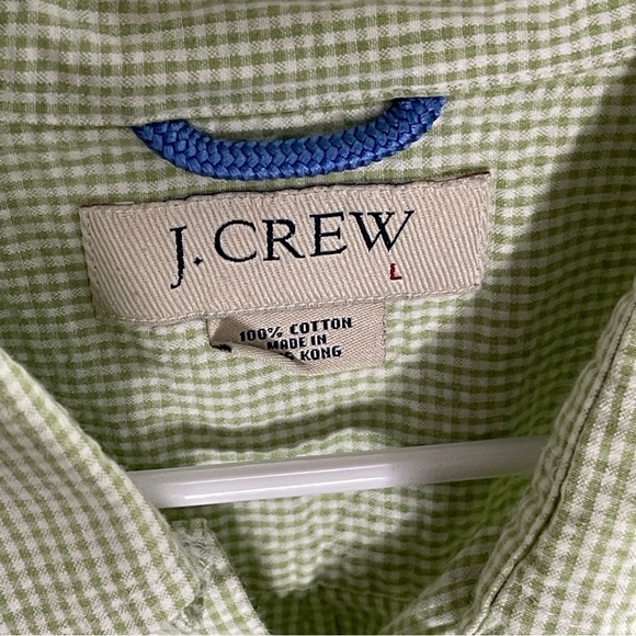 J. Crew Green White Striped Seersucker Button Up Size Large Short Sleeve Cotton - Picture 3 of 5
